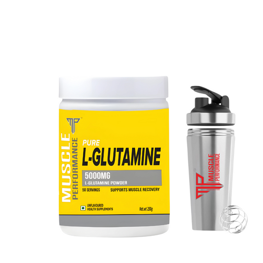Muscle Performance Pure L-Glutamine  With Steel Shaker 250gm, 50 Servings - Muscle Performance