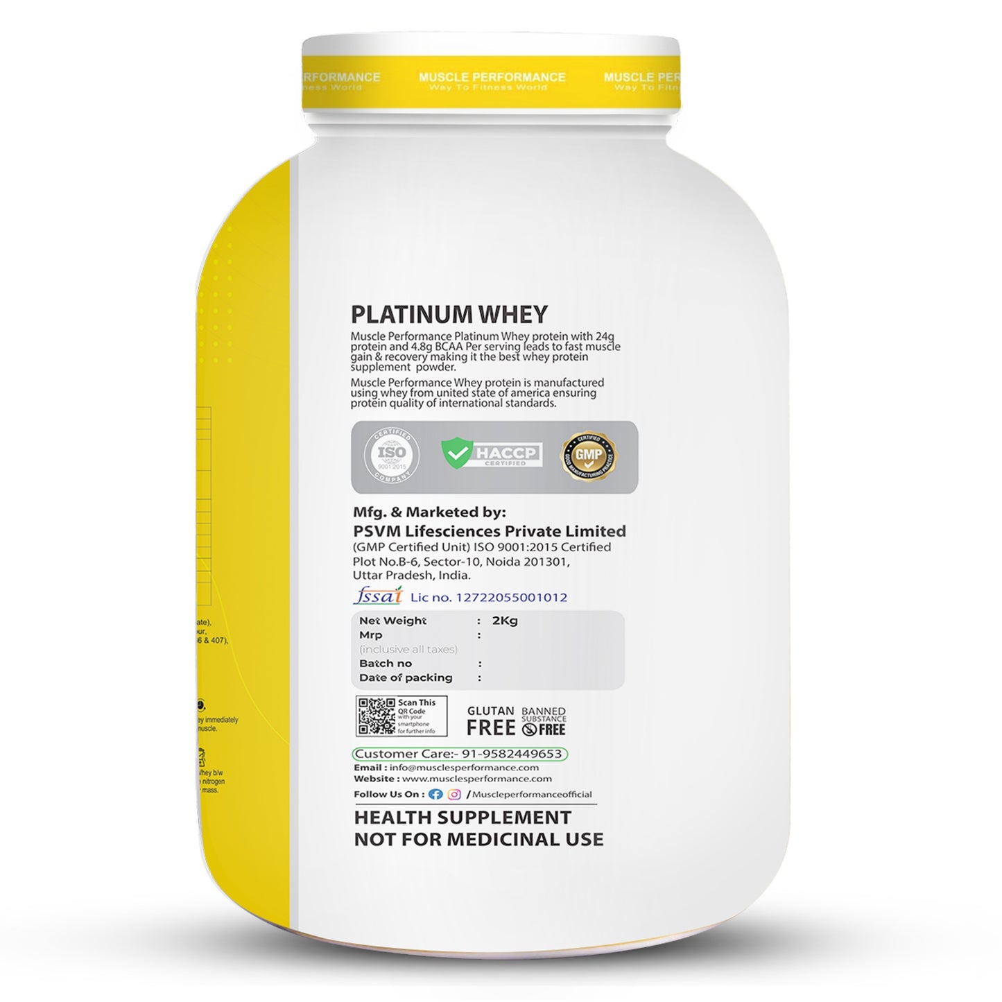 Muscle Performance Platinum Whey Protein With Steel Shaker 2kg 4.4 lbs, 57 servings - Muscle Performance